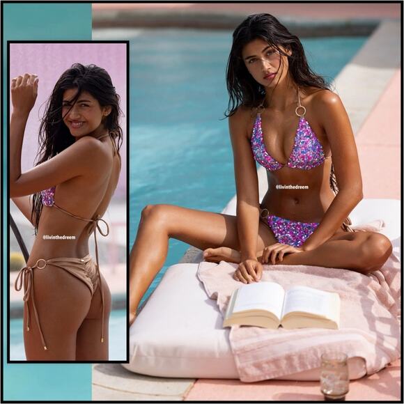 Beach Bunny Paparazzi Triangle Top XL & Tie Side Bottom M- Blue/Pink $270 - Picture 2 of 14